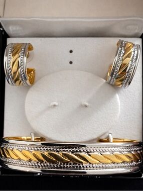 Vintage Two-Tone Gold and Silver Twisted Cable Bracelet & Hoop Earring Set